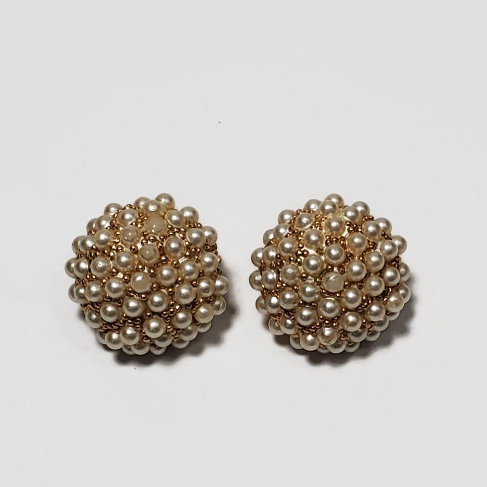 Vintage Hobe Faux Pearl Gold Tone Dome Clip Earrings